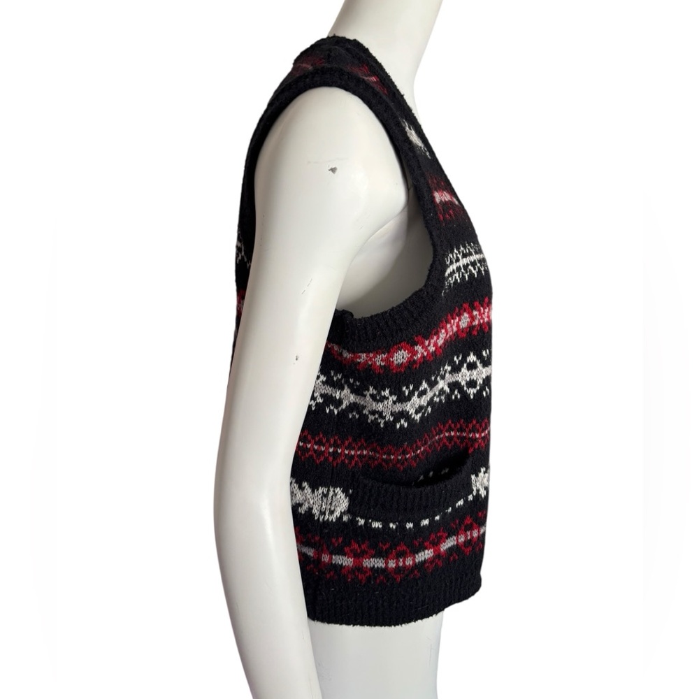 Vintage Nordic Knit Vest Full Zip Sweater Black Red White Fair Isle Sleeveless - Picture 6 of 11
